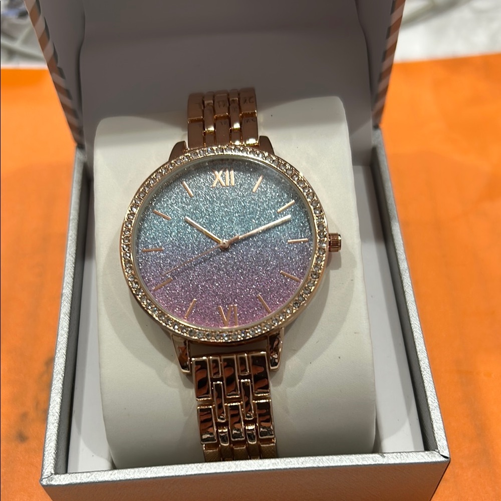 INC International Concepts Rose Gold Watch with Glitter Gradient Dial